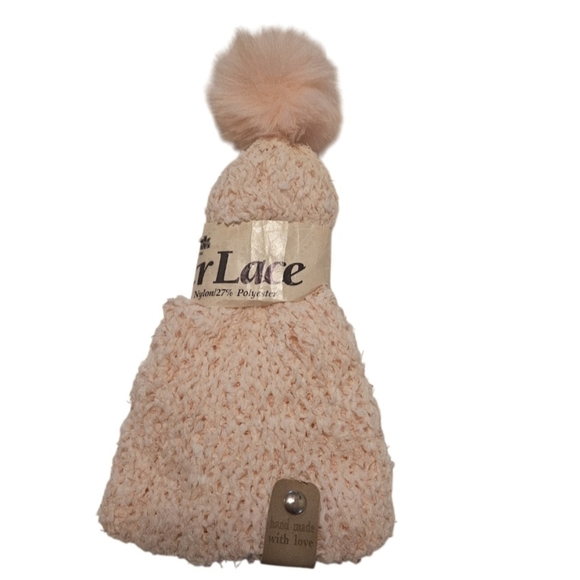 Hand Crafted Crochet pom pom beanie pink Paper Lace 73% Nylon 27% polyester soft - Picture 11 of 17